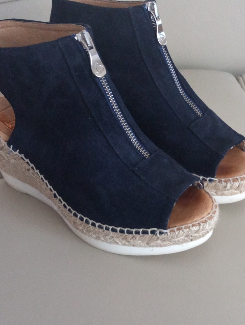 kanna  Emily Navy Suede Peep-Toe Wedge Sandals with Front Zipper Size EU 39 - Picture 4 of 15